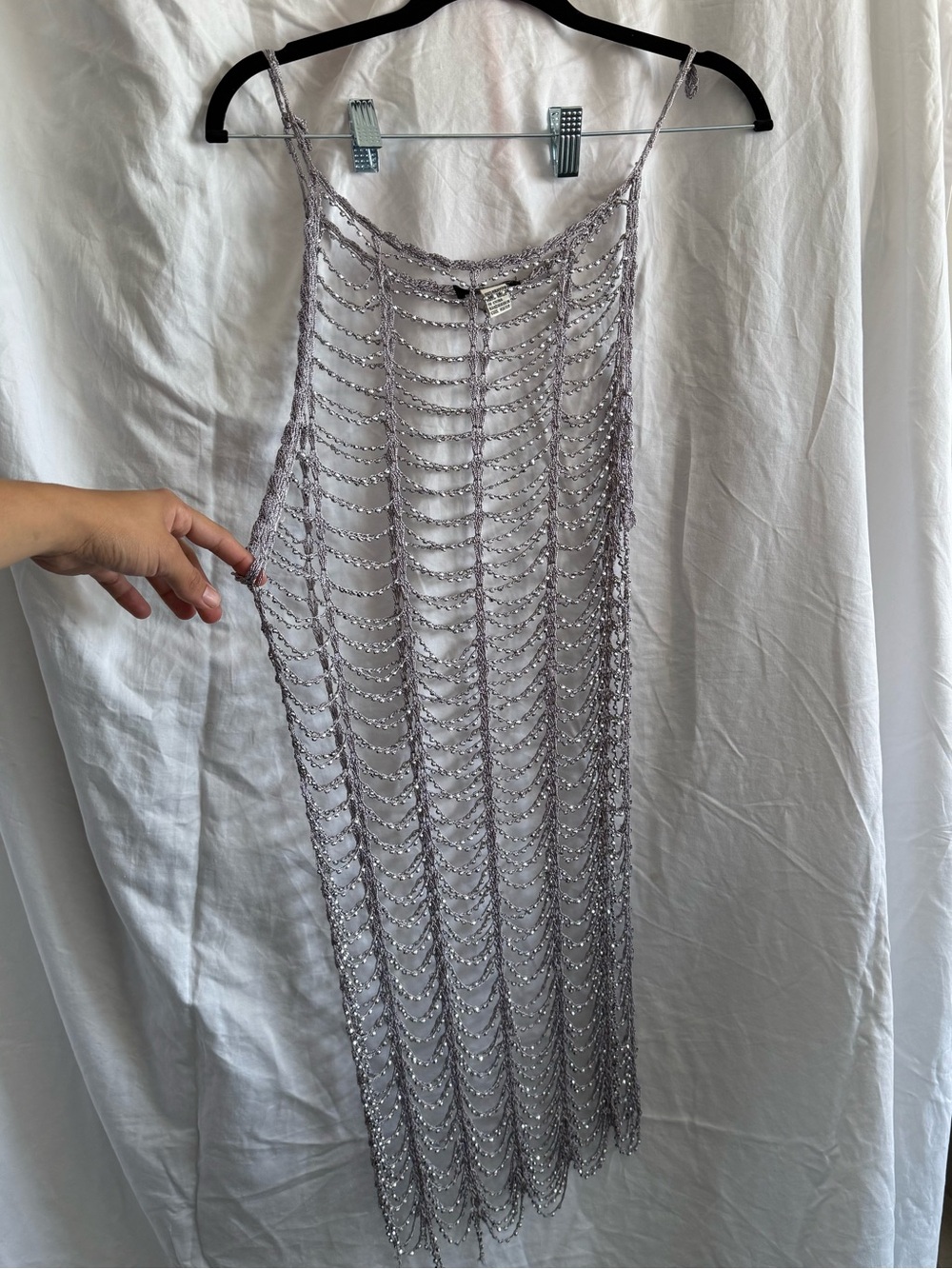 Silver Beaded Crochet Slip Dress